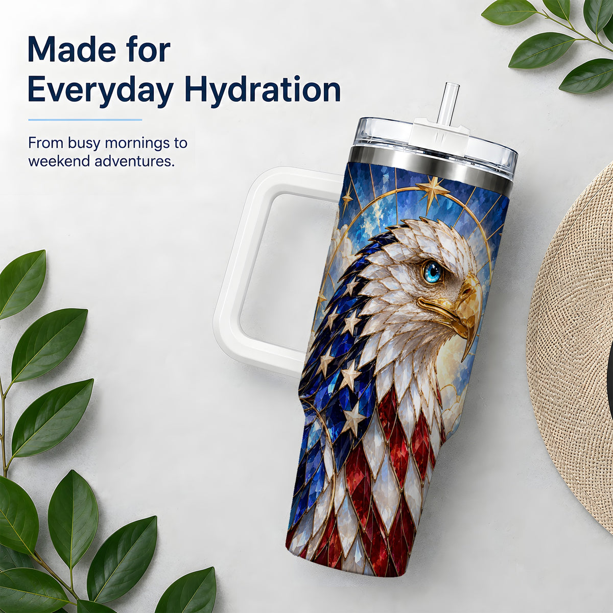 Patriotic Bald Eagle Tumbler, 40oz Stainless Steel Drinkware with Flag Art