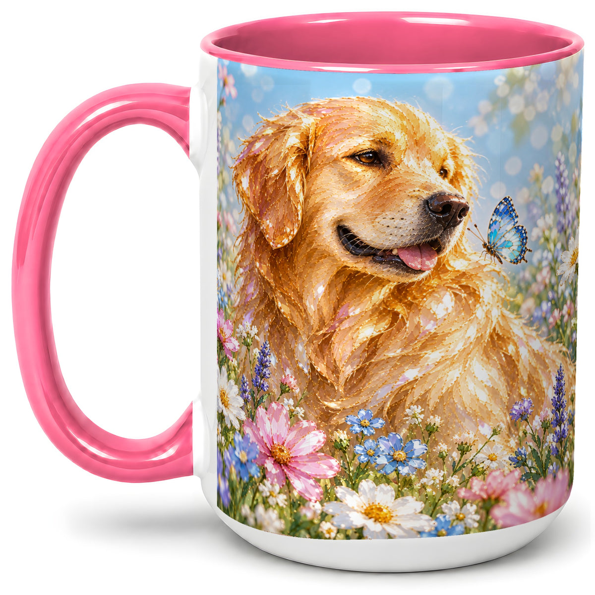 #pl[15oz|Pink] Golden Retriever Floral Accent Mug, Ceramic Mug with Dog Artwork