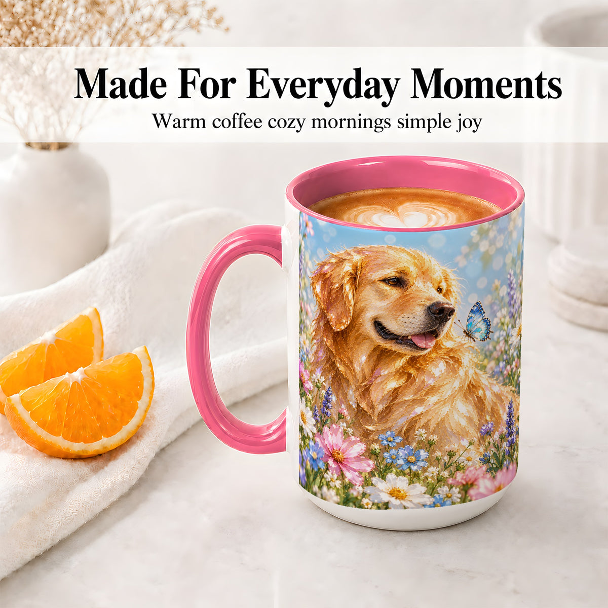 #pl[15oz|Pink] Golden Retriever Floral Accent Mug, Ceramic Mug with Dog Artwork