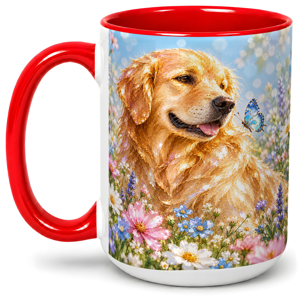 #pl[15oz|Red] Golden Retriever Floral Accent Mug, Ceramic Mug with Dog Artwork