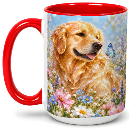 #pl[15oz|Red] Golden Retriever Floral Accent Mug, Ceramic Mug with Dog Artwork