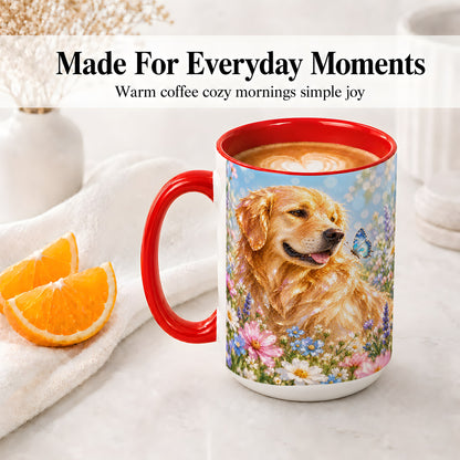 #pl[15oz|Red] Golden Retriever Floral Accent Mug, Ceramic Mug with Dog Artwork