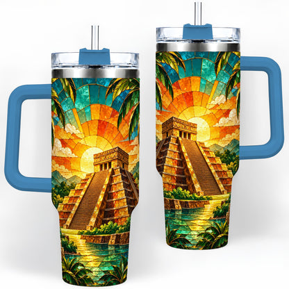 #pl[40oz|Blue] Tropical Pyramid Tumbler, 40oz Stainless Steel Drinkware with Sunset Art