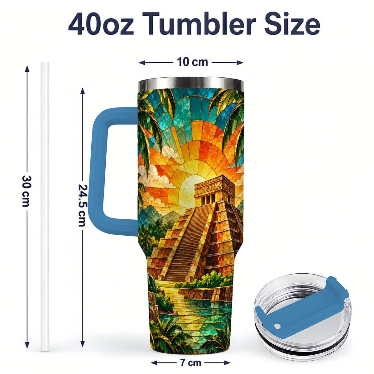 #pl[40oz|Blue] Tropical Pyramid Tumbler, 40oz Stainless Steel Drinkware with Sunset Art