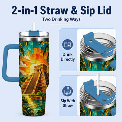 #pl[40oz|Blue] Tropical Pyramid Tumbler, 40oz Stainless Steel Drinkware with Sunset Art