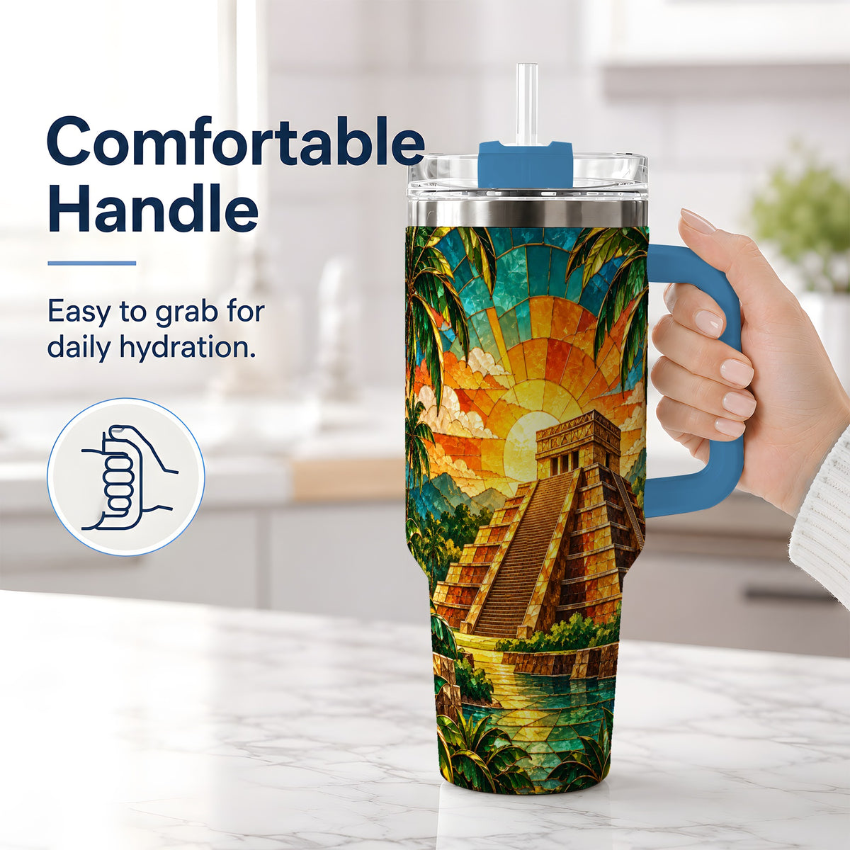 #pl[40oz|Blue] Tropical Pyramid Tumbler, 40oz Stainless Steel Drinkware with Sunset Art