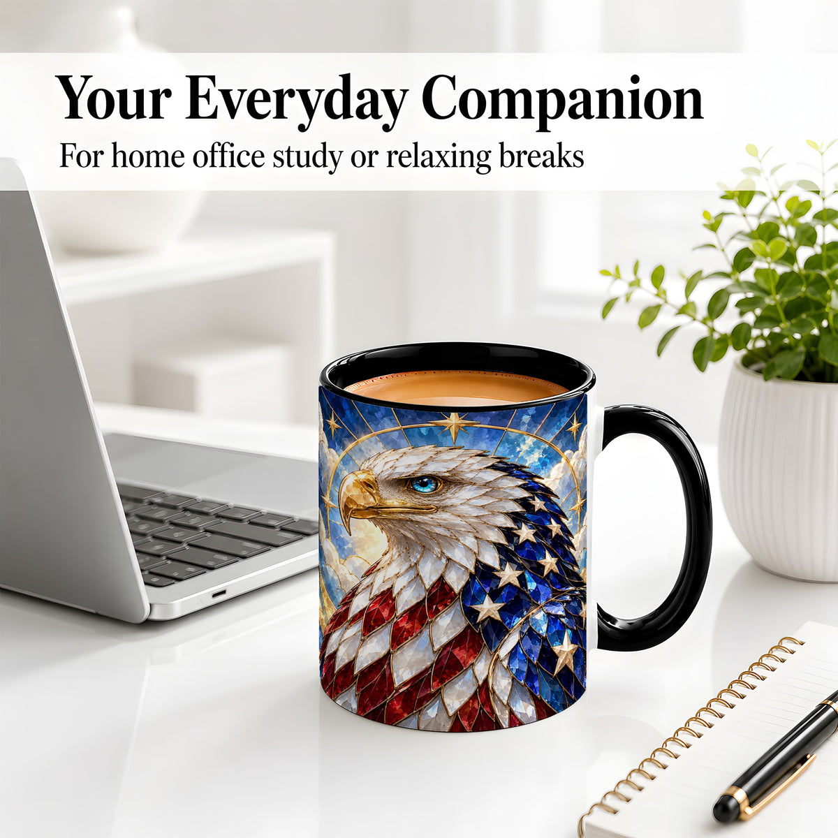 #pl[11oz|Black] Patriotic Bald Eagle Accent Mug, Ceramic Mug with Flag Artwork
