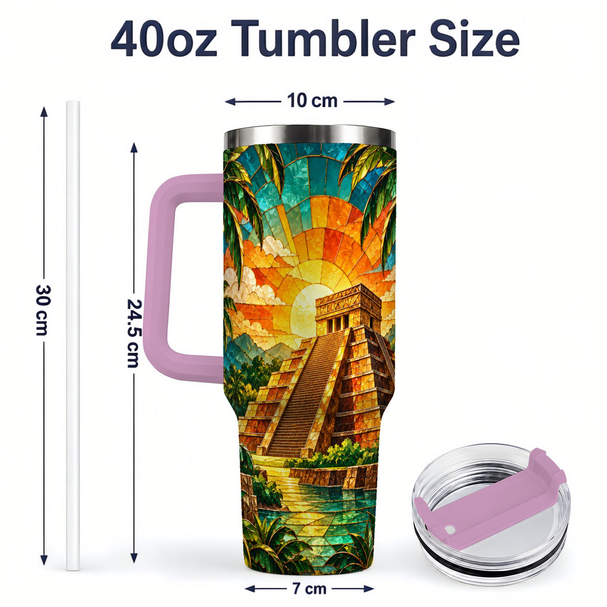 #pl[40oz|Pink] Tropical Pyramid Tumbler, 40oz Stainless Steel Drinkware with Sunset Art