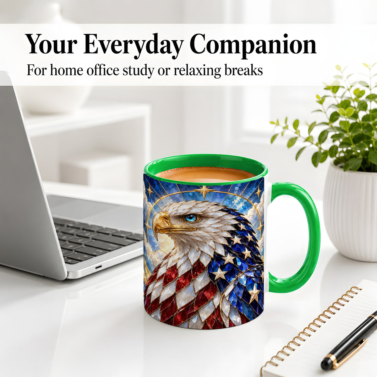 #pl[11oz|Green] Patriotic Bald Eagle Accent Mug, Ceramic Mug with Flag Artwork