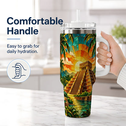 #pl[40oz|White] Tropical Pyramid Tumbler, 40oz Stainless Steel Drinkware with Sunset Art