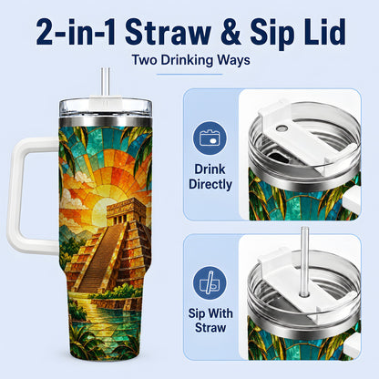 #pl[40oz|White] Tropical Pyramid Tumbler, 40oz Stainless Steel Drinkware with Sunset Art