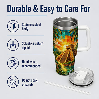 Tropical Pyramid Tumbler, 40oz Stainless Steel Drinkware with Sunset Art