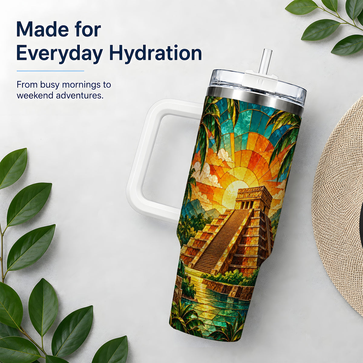 Tropical Pyramid Tumbler, 40oz Stainless Steel Drinkware with Sunset Art