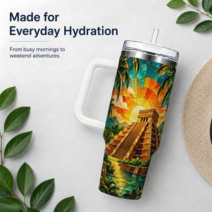 Tropical Pyramid Tumbler, 40oz Stainless Steel Drinkware with Sunset Art