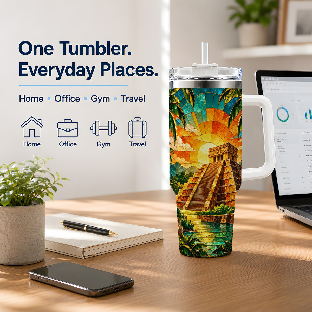 Tropical Pyramid Tumbler, 40oz Stainless Steel Drinkware with Sunset Art