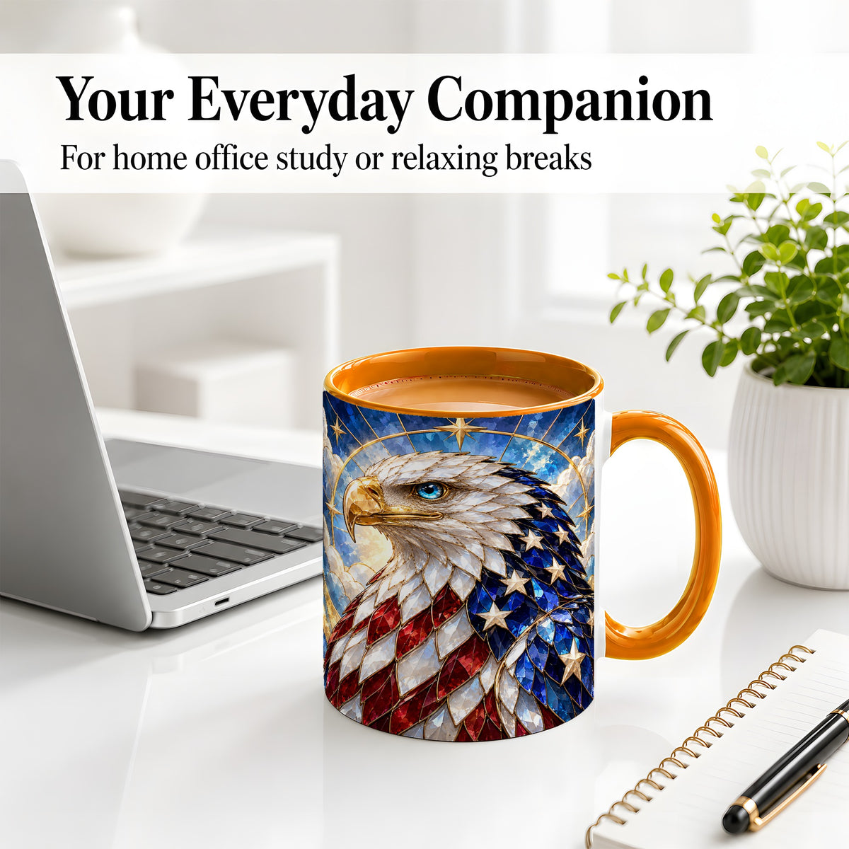 #pl[11oz|Orange] Patriotic Bald Eagle Accent Mug, Ceramic Mug with Flag Artwork