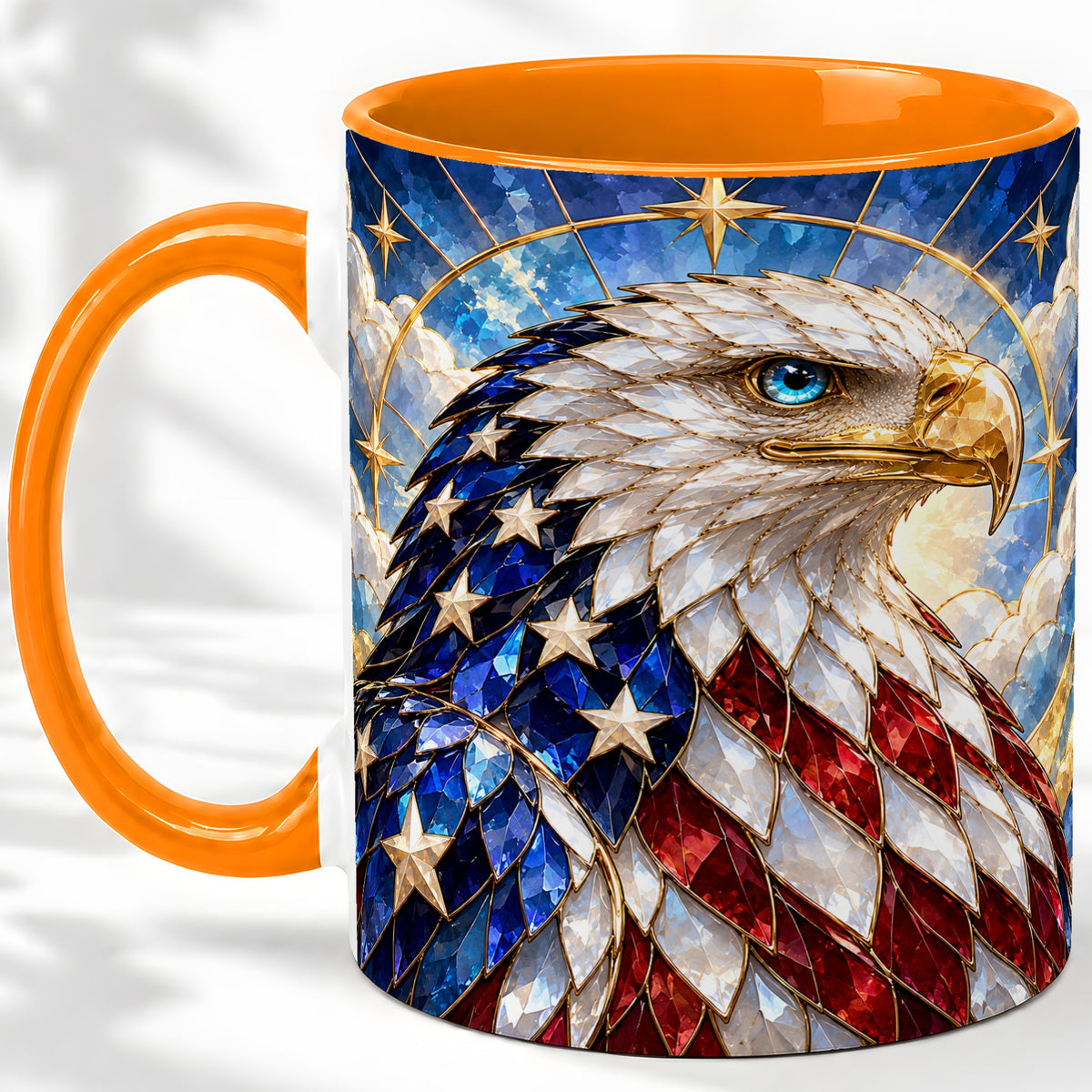 #pl[11oz|Orange] Patriotic Bald Eagle Accent Mug, Ceramic Mug with Flag Artwork