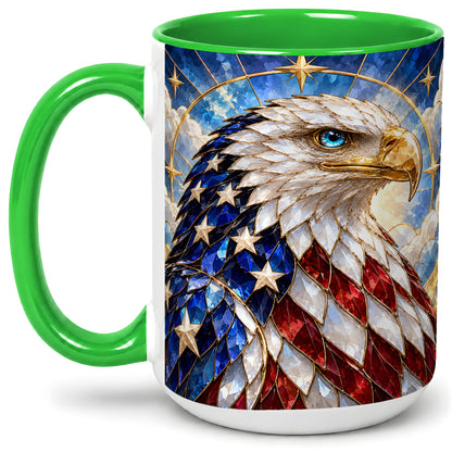 #pl[15oz|Green] Patriotic Bald Eagle Accent Mug, Ceramic Mug with Flag Artwork