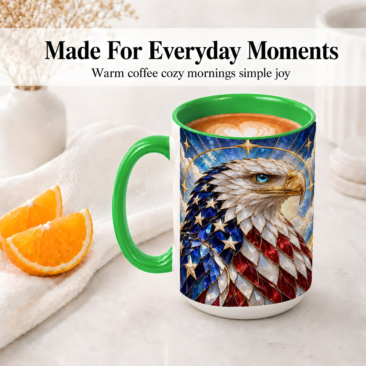 #pl[15oz|Green] Patriotic Bald Eagle Accent Mug, Ceramic Mug with Flag Artwork