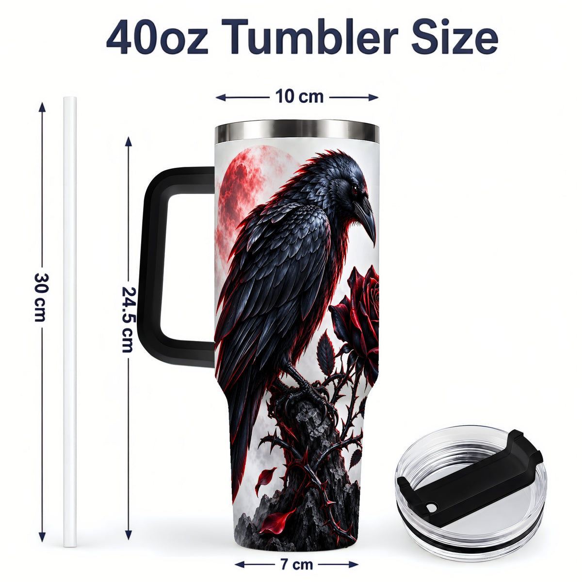 #pl[40oz|Black] Gothic Raven Rose Tumbler, 40oz Stainless Steel Drinkware with Moon Art