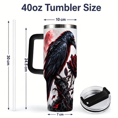 #pl[40oz|Black] Gothic Raven Rose Tumbler, 40oz Stainless Steel Drinkware with Moon Art