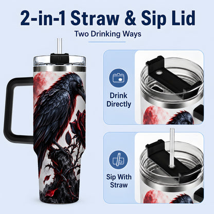#pl[40oz|Black] Gothic Raven Rose Tumbler, 40oz Stainless Steel Drinkware with Moon Art