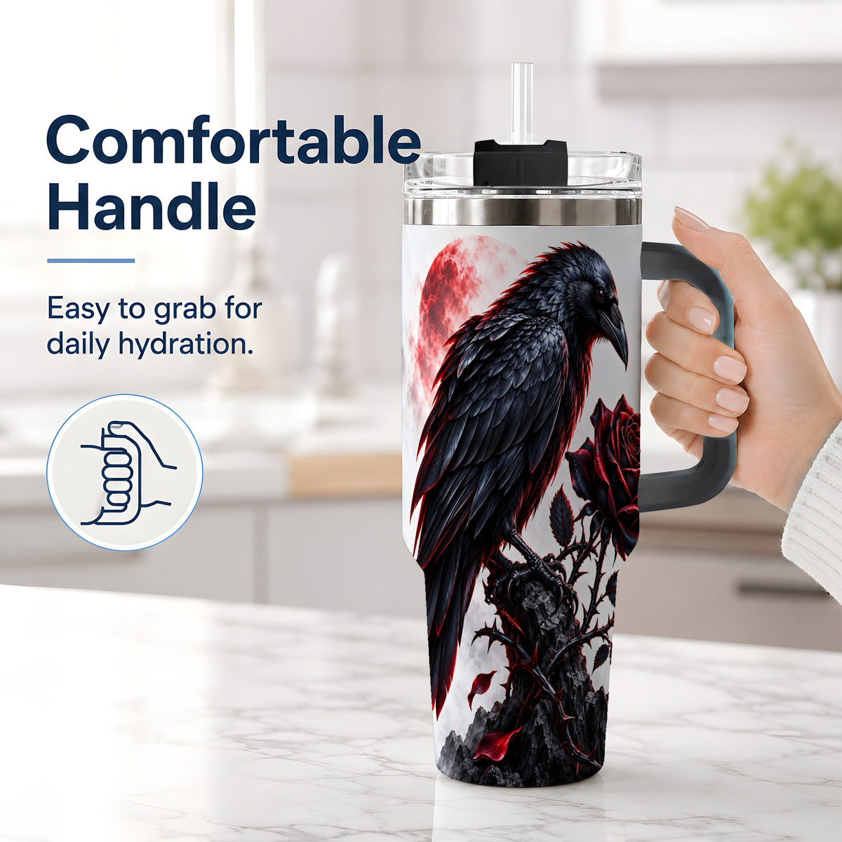 #pl[40oz|Black] Gothic Raven Rose Tumbler, 40oz Stainless Steel Drinkware with Moon Art
