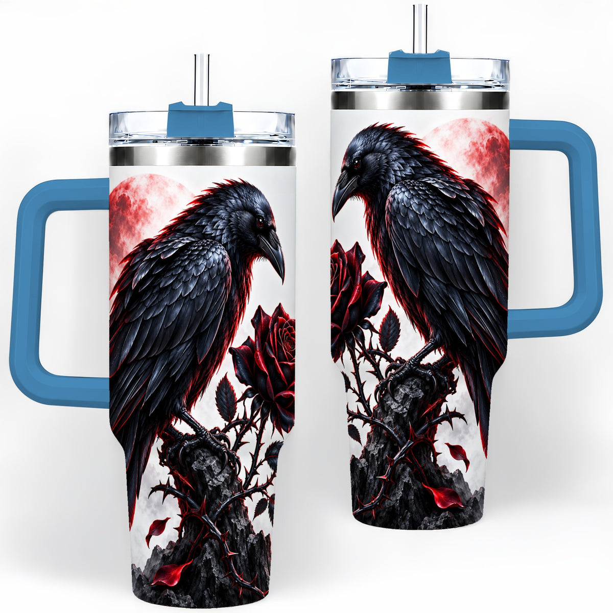 #pl[40oz|Blue] Gothic Raven Rose Tumbler, 40oz Stainless Steel Drinkware with Moon Art