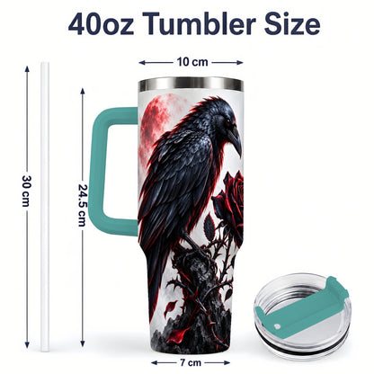 #pl[40oz|Green] Gothic Raven Rose Tumbler, 40oz Stainless Steel Drinkware with Moon Art