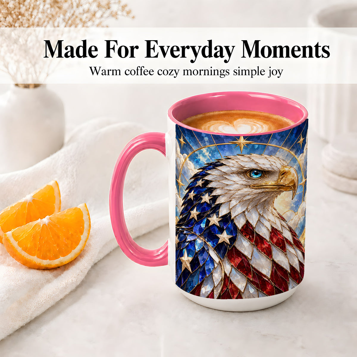 #pl[15oz|Pink] Patriotic Bald Eagle Accent Mug, Ceramic Mug with Flag Artwork