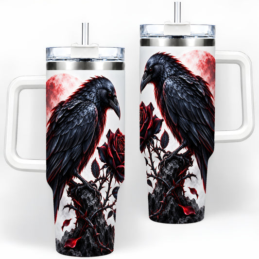 Gothic Raven Rose Tumbler, 40oz Stainless Steel Drinkware with Moon Art