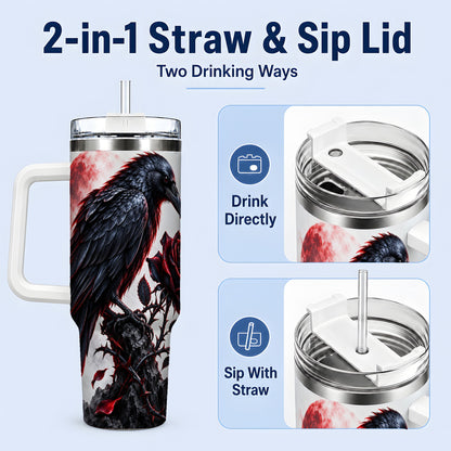 #pl[40oz|White] Gothic Raven Rose Tumbler, 40oz Stainless Steel Drinkware with Moon Art