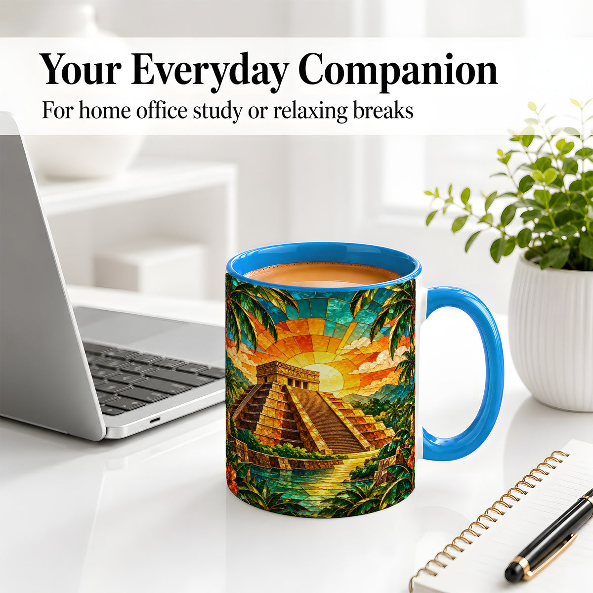 #pl[11oz|Blue] Tropical Pyramid Accent Mug, Ceramic Mug with Sunset Artwork