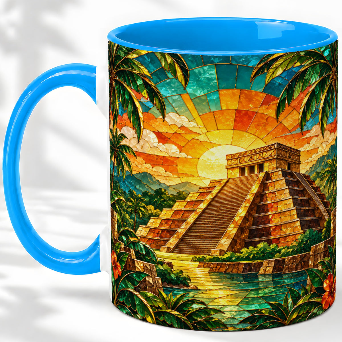 #pl[11oz|Blue] Tropical Pyramid Accent Mug, Ceramic Mug with Sunset Artwork
