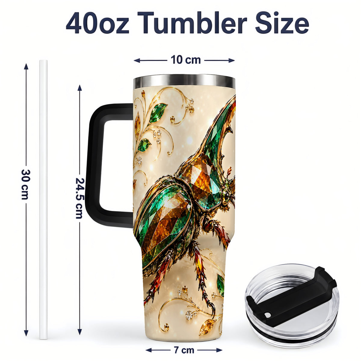 #pl[40oz|Black] Stag Beetle Tumbler, 40oz Stainless Steel Drinkware with Jewel Style Art