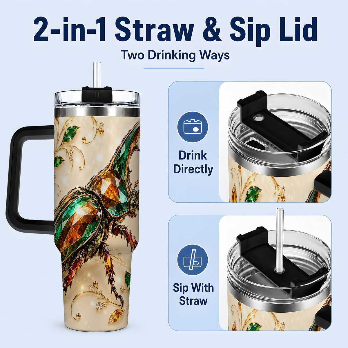 #pl[40oz|Black] Stag Beetle Tumbler, 40oz Stainless Steel Drinkware with Jewel Style Art