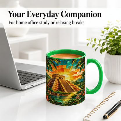 #pl[11oz|Green] Tropical Pyramid Accent Mug, Ceramic Mug with Sunset Artwork