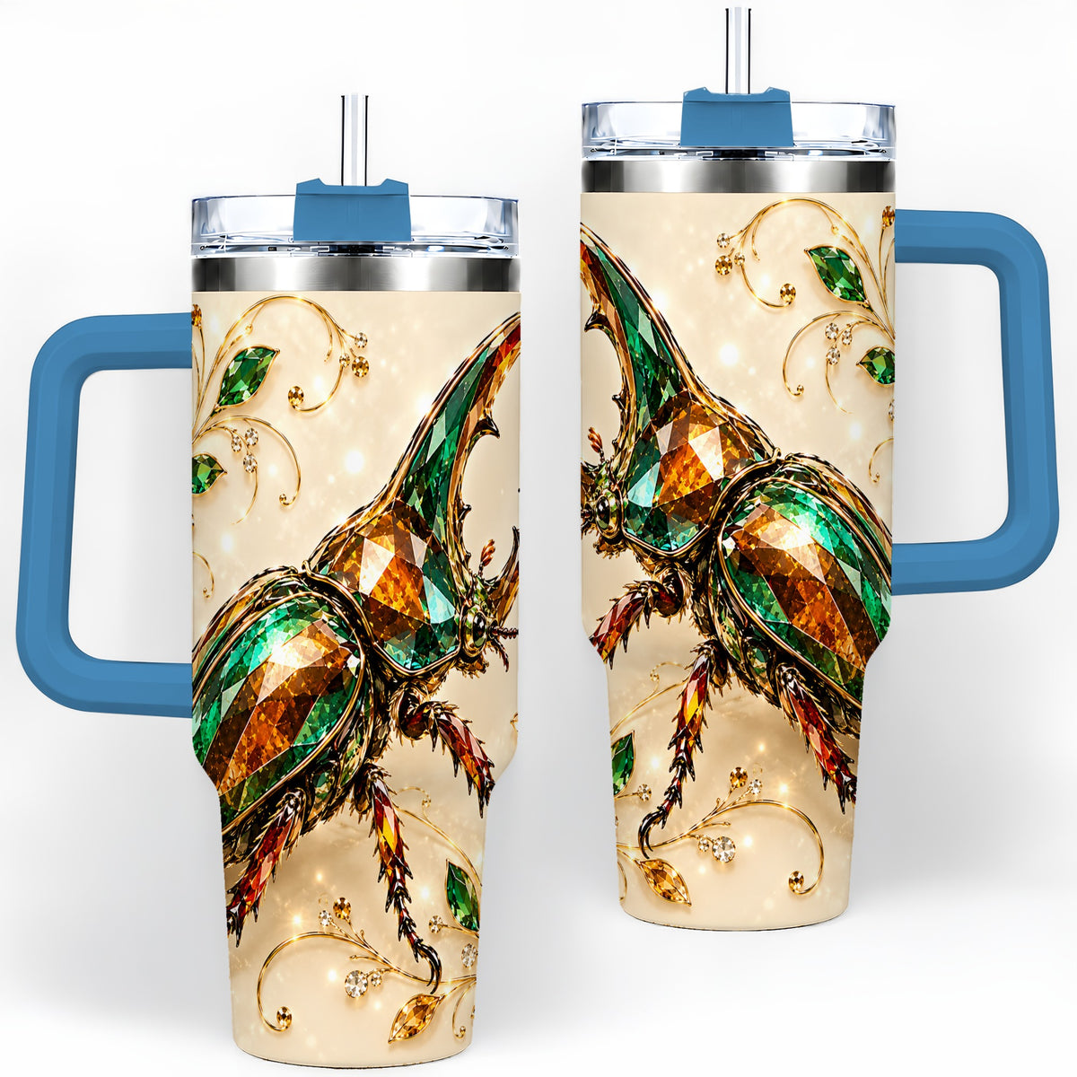 #pl[40oz|Blue] Stag Beetle Tumbler, 40oz Stainless Steel Drinkware with Jewel Style Art
