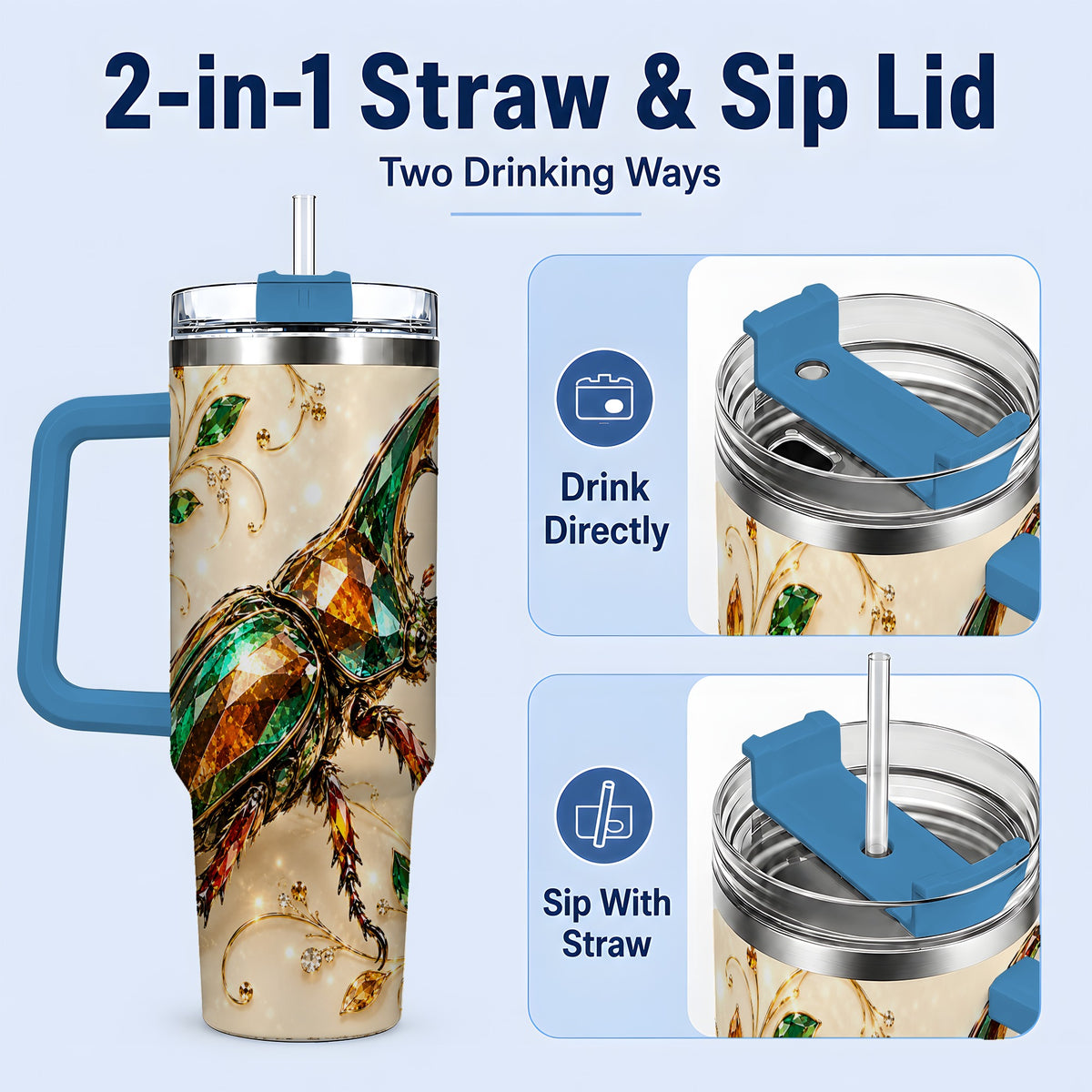 #pl[40oz|Blue] Stag Beetle Tumbler, 40oz Stainless Steel Drinkware with Jewel Style Art