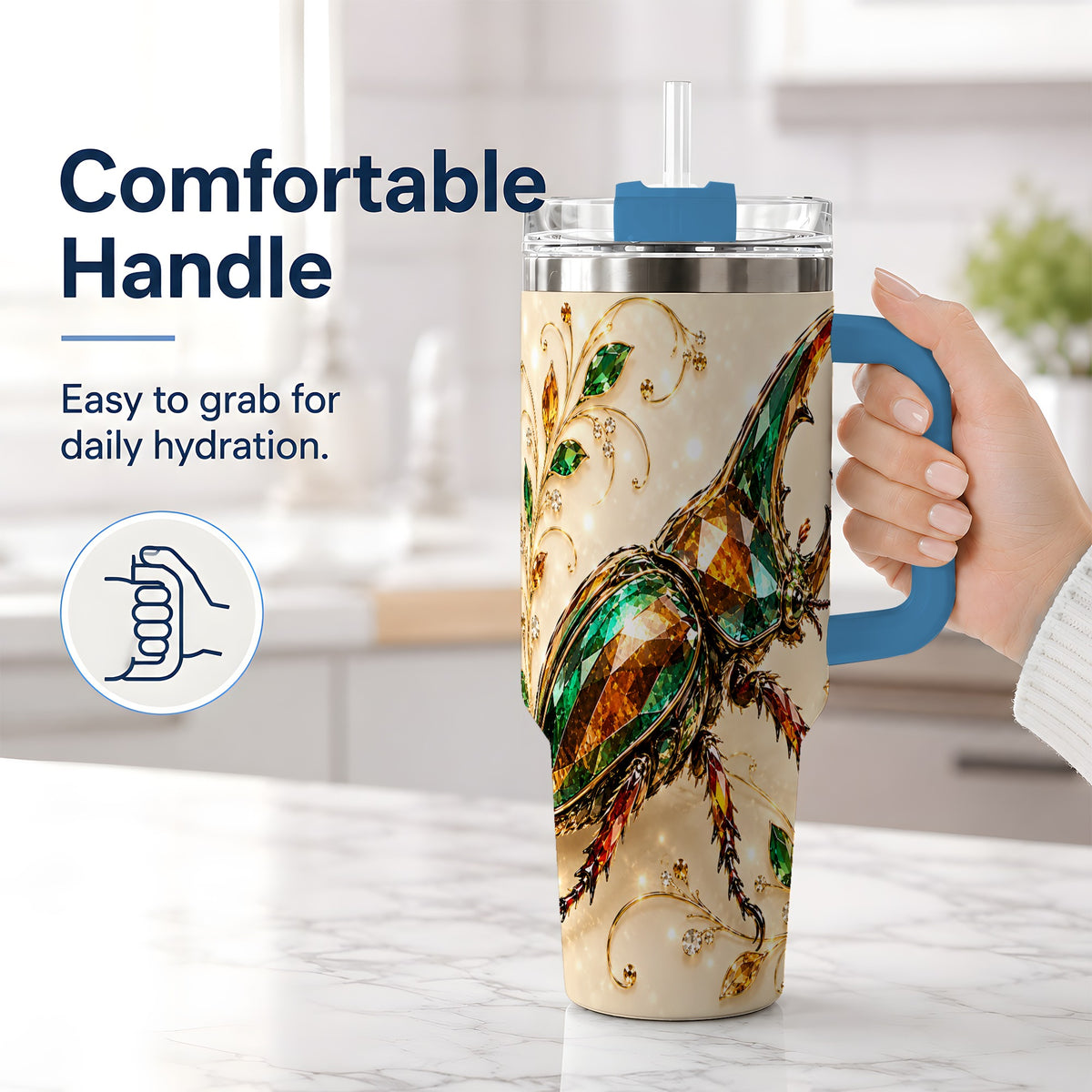 #pl[40oz|Blue] Stag Beetle Tumbler, 40oz Stainless Steel Drinkware with Jewel Style Art