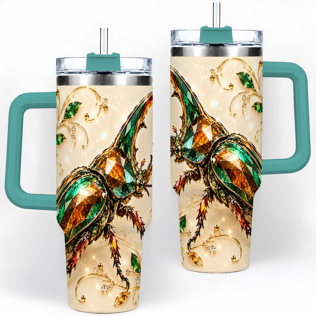#pl[40oz|Green] Stag Beetle Tumbler, 40oz Stainless Steel Drinkware with Jewel Style Art