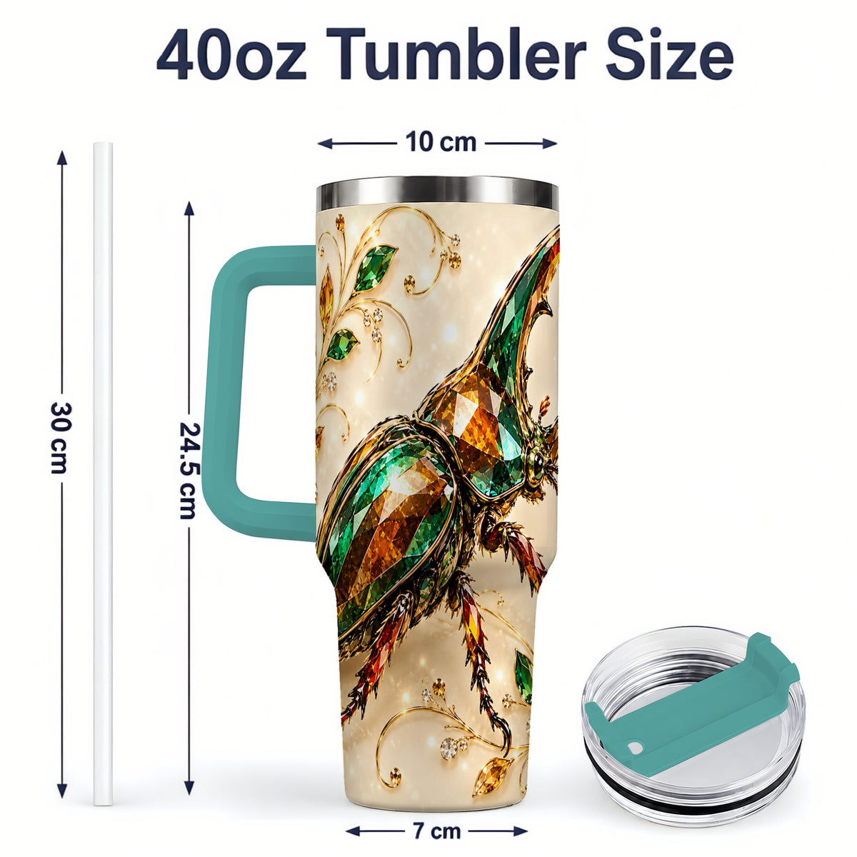 #pl[40oz|Green] Stag Beetle Tumbler, 40oz Stainless Steel Drinkware with Jewel Style Art