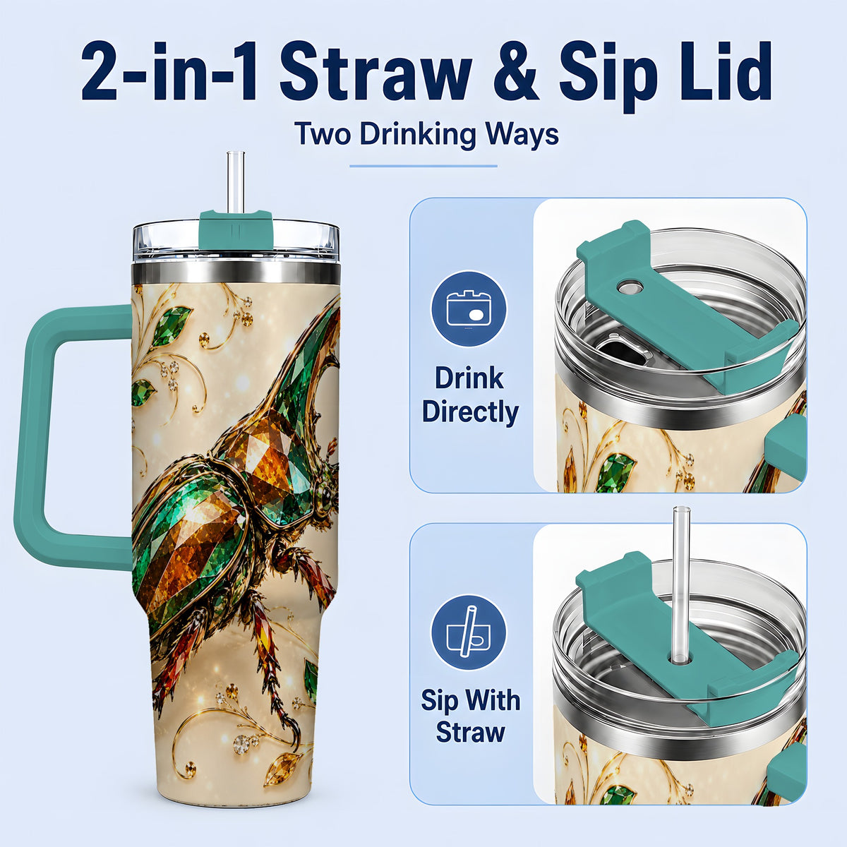 #pl[40oz|Green] Stag Beetle Tumbler, 40oz Stainless Steel Drinkware with Jewel Style Art