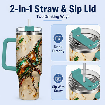 #pl[40oz|Green] Stag Beetle Tumbler, 40oz Stainless Steel Drinkware with Jewel Style Art