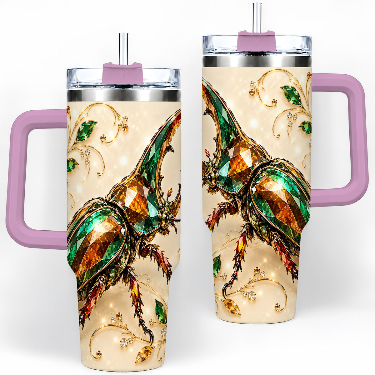 #pl[40oz|Pink] Stag Beetle Tumbler, 40oz Stainless Steel Drinkware with Jewel Style Art