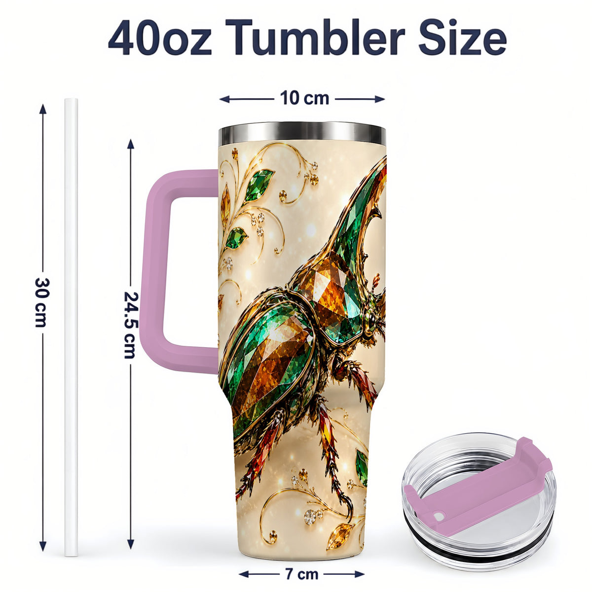 #pl[40oz|Pink] Stag Beetle Tumbler, 40oz Stainless Steel Drinkware with Jewel Style Art