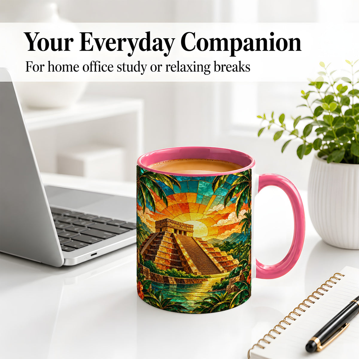 #pl[11oz|Pink] Tropical Pyramid Accent Mug, Ceramic Mug with Sunset Artwork