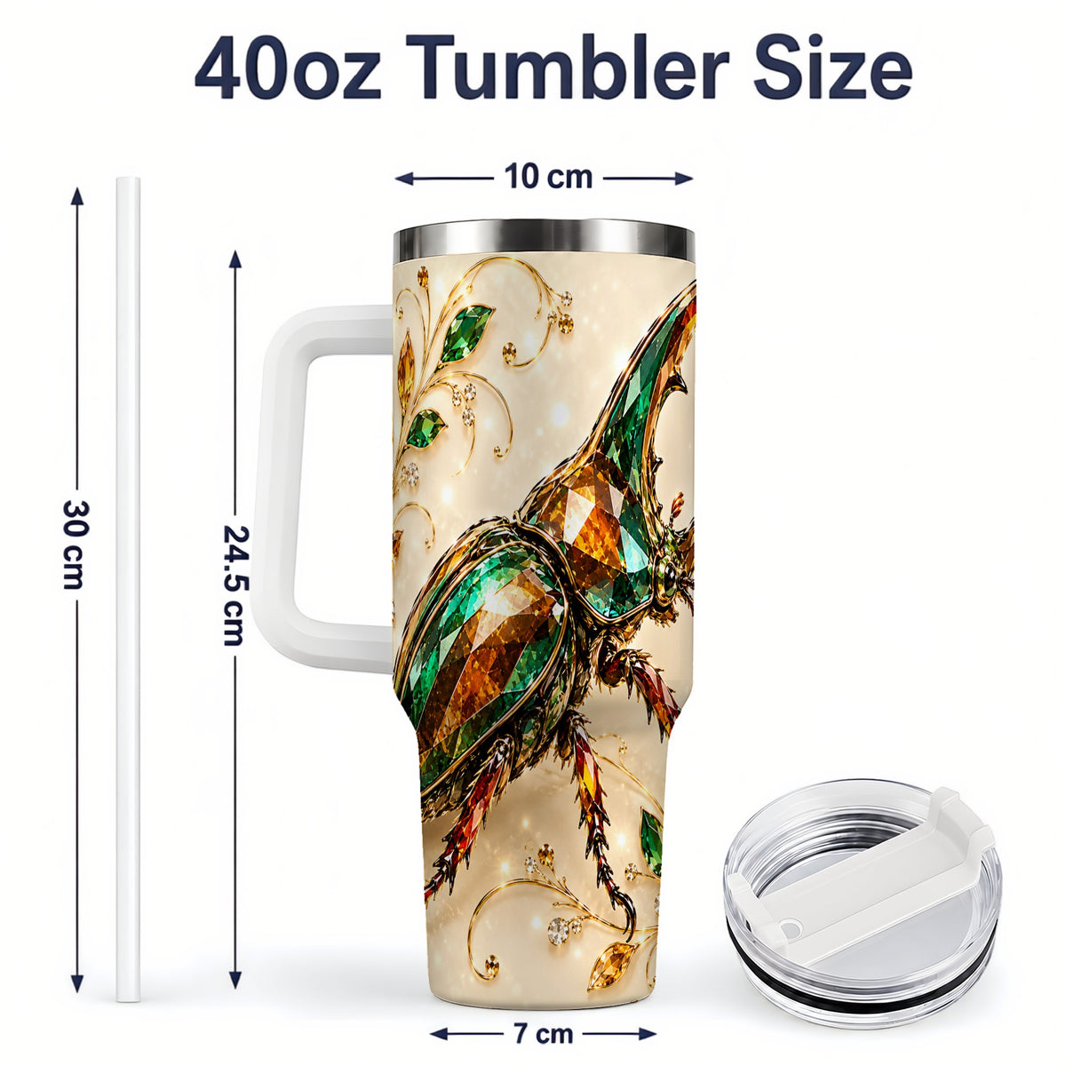 #pl[40oz|White] Stag Beetle Tumbler, 40oz Stainless Steel Drinkware with Jewel Style Art