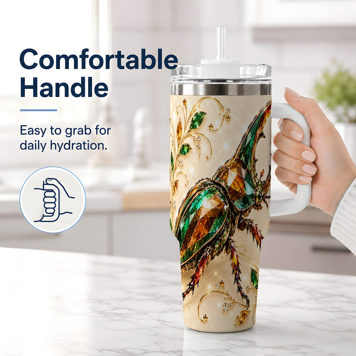 #pl[40oz|White] Stag Beetle Tumbler, 40oz Stainless Steel Drinkware with Jewel Style Art