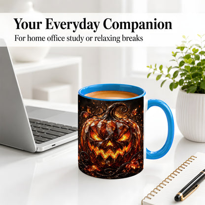 #pl[11oz|Blue] Halloween Jack O Lantern Accent Mug, Ceramic Mug with Pumpkin Art
